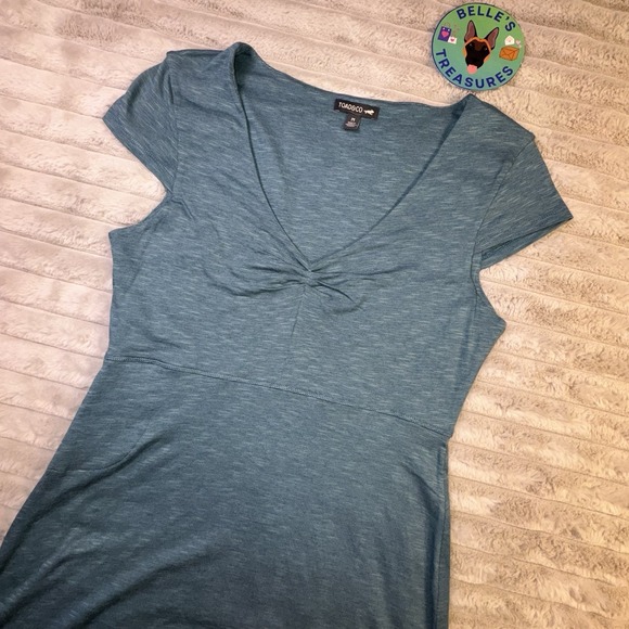 Toad & Co Dress Medium Teal Blue Floral Fit & Flare Tshirt V-neck Babydoll Gorp - Picture 1 of 11